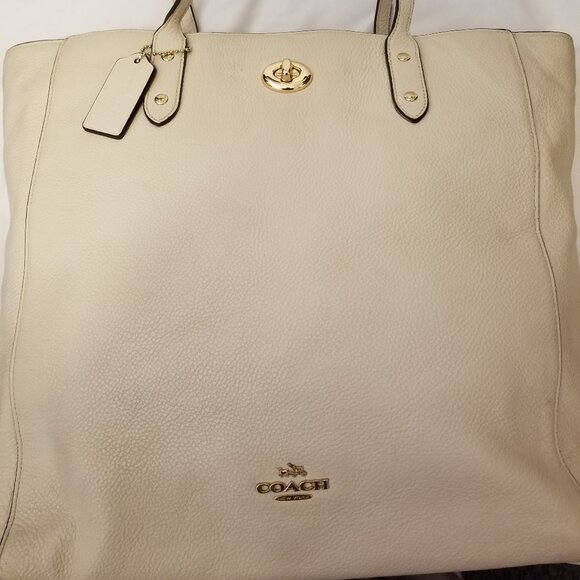 Authentic Coach Cream Ivory Pebbled Leather Large Tote Purse - Picture 1 of 15